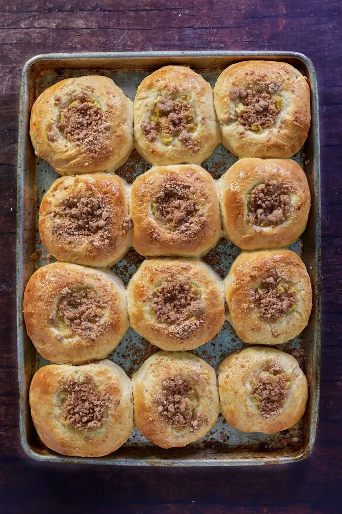 Tray of easy kolache recipe, baked and ready to eat. 