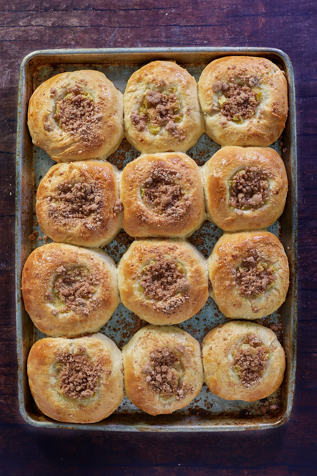 Tray of easy kolache recipe, baked and ready to eat.