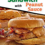 Side view of grilled Thai Chicken Sandwich with a Peanut Sauce drizzle.