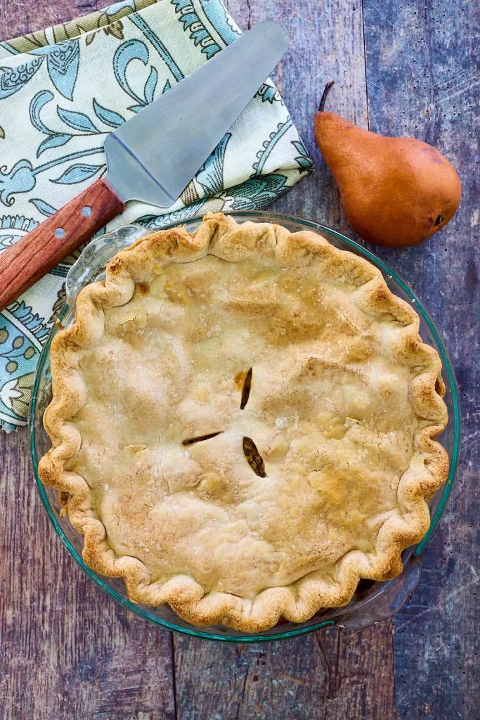 Baked pear pie. Top down view.