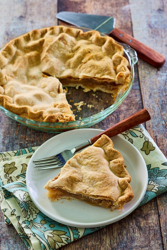 Top down view of pie and a plated slice.