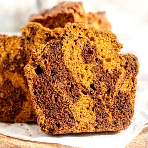 Front view of sliced Chocolate Pumpkin Bread Recipe
