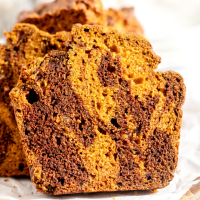 Front view of a loaf of pumpkin chocolate bread