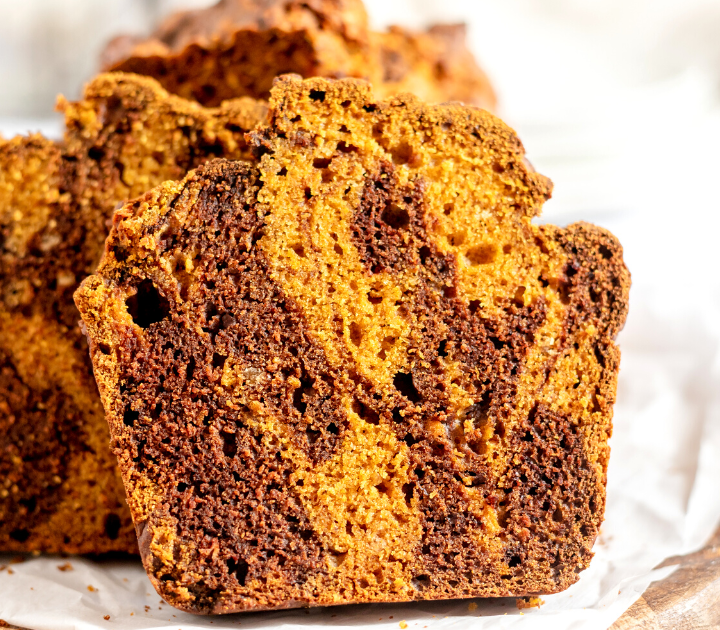 Front view of a loaf of pumpkin chocolate bread
