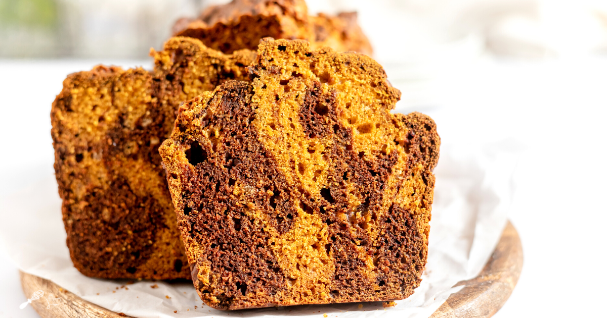 Front view of a loaf of pumpkin chocolate bread