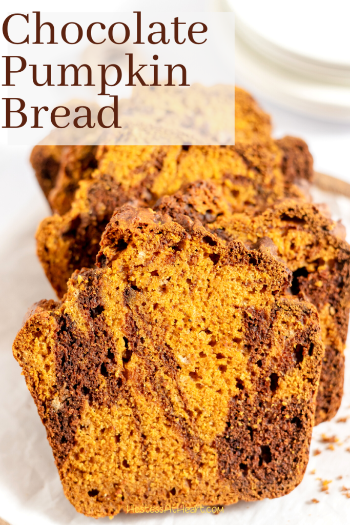 Front view of sliced chocolate pumpkin bread.