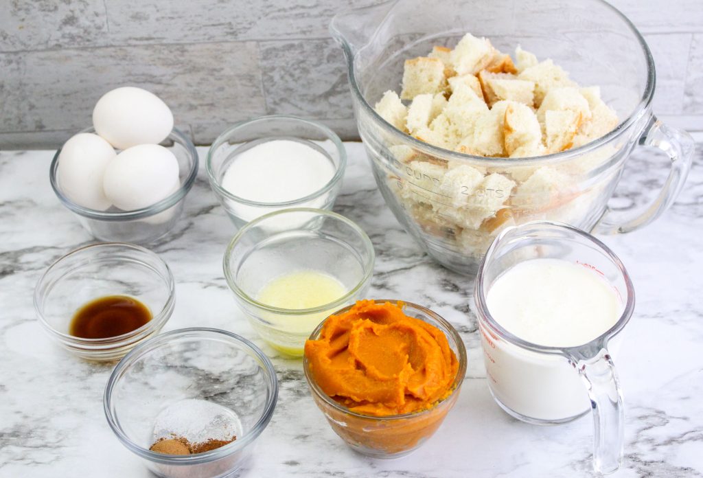 Ingredients: eggs, sugar, salt, French bread cubes, vanilla, butter, heavy cream, pumpkin, spices.
