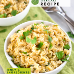 Angled view of a bowl filled with a recipe for tomatillo rice.
