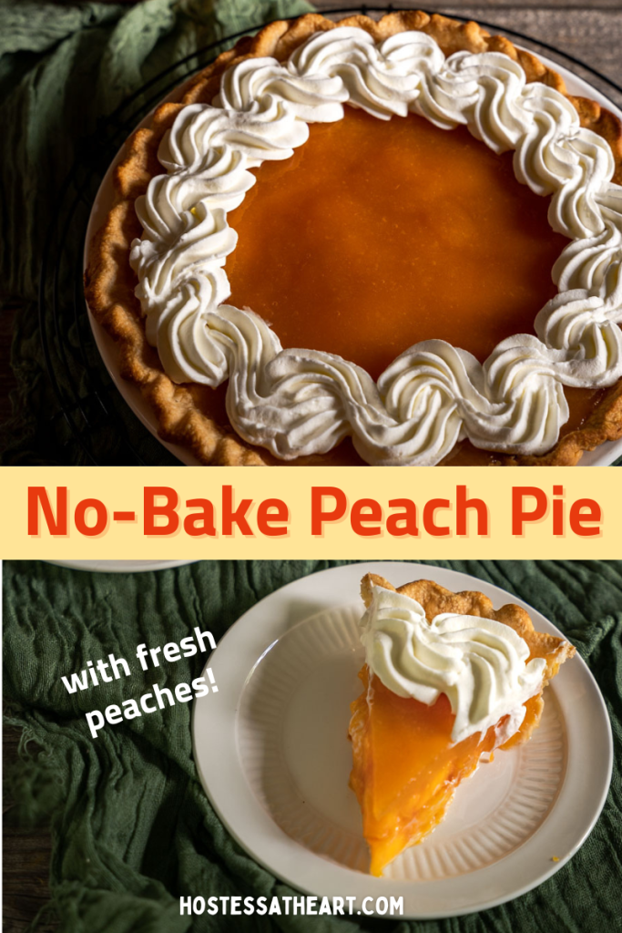 Collage images for pinterest of a glazed pie and a slice of the fresh peachpie