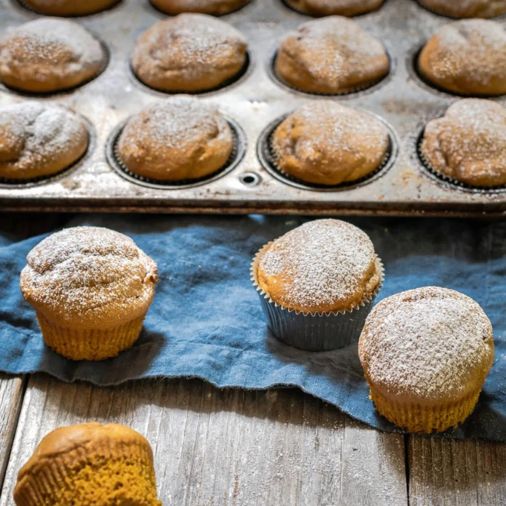 3/4 view of muffins from Pumpkin Spice Muffins Recipe dusted with powdered sugar