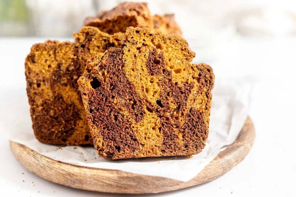 Front view of slices of chocolate marbled pumpkin bread