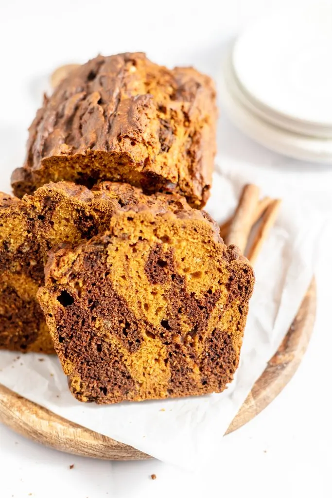 Front view of a chocolate pumpkin loaf