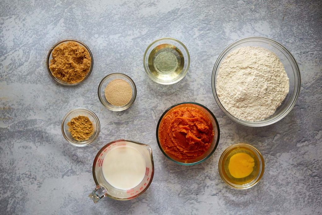 Ingredients used to make pumpkin yeast rolls