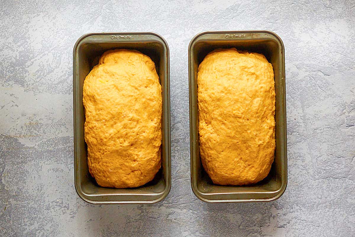 2 loaves of risen pumpkin bread loaves.