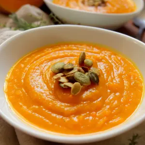 Roasted Squash Soup topped with pumpkin seeds.