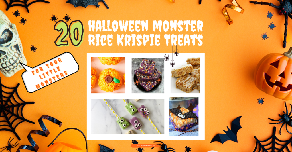A Halloween Collage of Rice Krispie Treats shaped as monsters, pumpkins, bats, or squares.