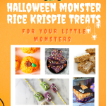 A Halloween Collage of Rice Krispie Treats shaped as monsters, pumpkins, bats, or squares.