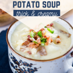 Side view of a bowl of thick cheese soup with potatoes, bacon and onion.