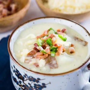 Angled view of a bowl of loaded baked potato soup with cheese.