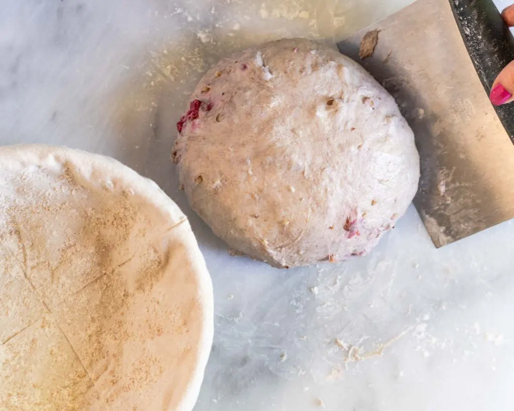 A shaped boule of cranberry walnut sourdough next to a banneton basket.