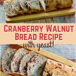 Top down view of a loaf of a sliced loaf of cranberry and walnut bread on a cutting board.