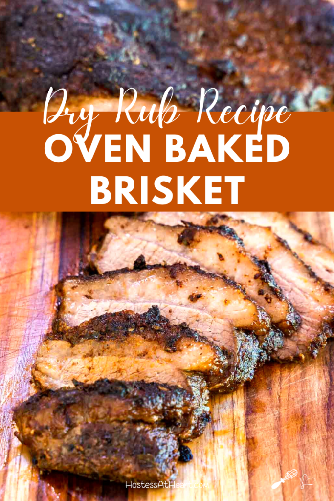 Angled view of slices of dry rubbed brisket fanned out on a cutting board