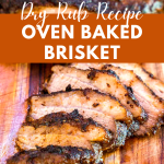 Angled view of slices of dry rubbed brisket fanned out on a cutting board