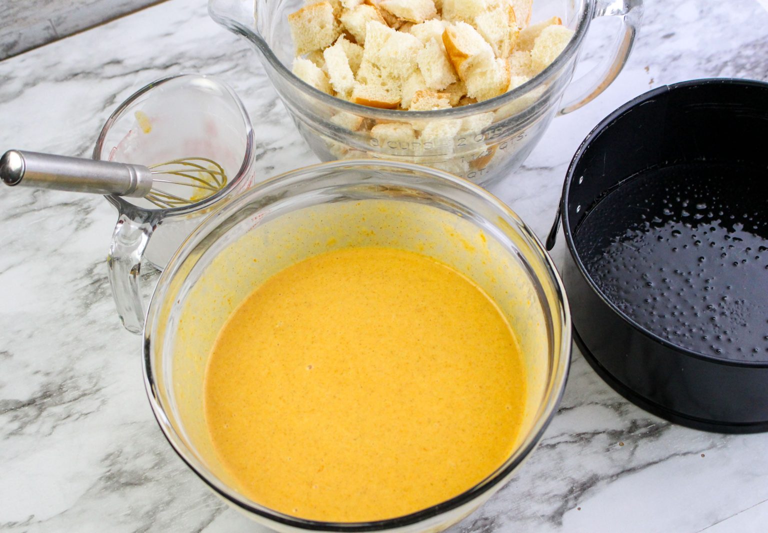 Bread Pudding liquid ingredients blended together in a bowl.