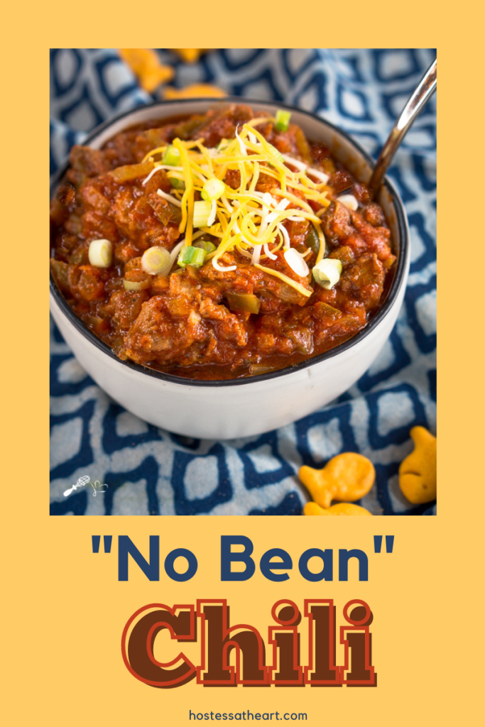 3/4 view of a bowl of no bean pork chilli.