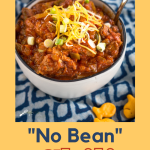 3/4 view of a bowl of no bean pork chilli.