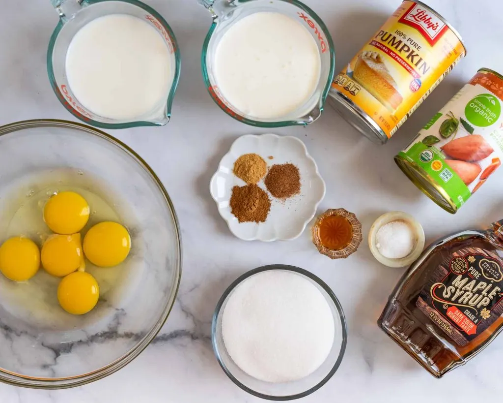 Top down view of the ingredients used to make a famous pumpkin pie from scratch.