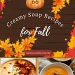 A fall-inspired banner with two creamy soup bowl photos, creamy potato and butternut squash.