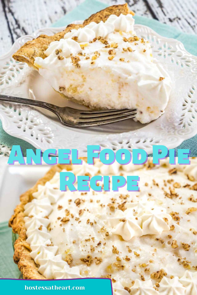 Two images of a creamy angel pie topped with crushed pecans and whipped topping. One is the whole pie and the other is a slice.