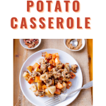 Pinterest Image of a plate of Baked Sweet Potatoes Casserole