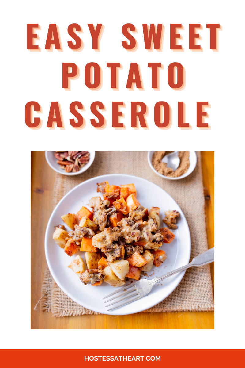 Pinterest Image of a plate of Baked Sweet Potatoes Casserole