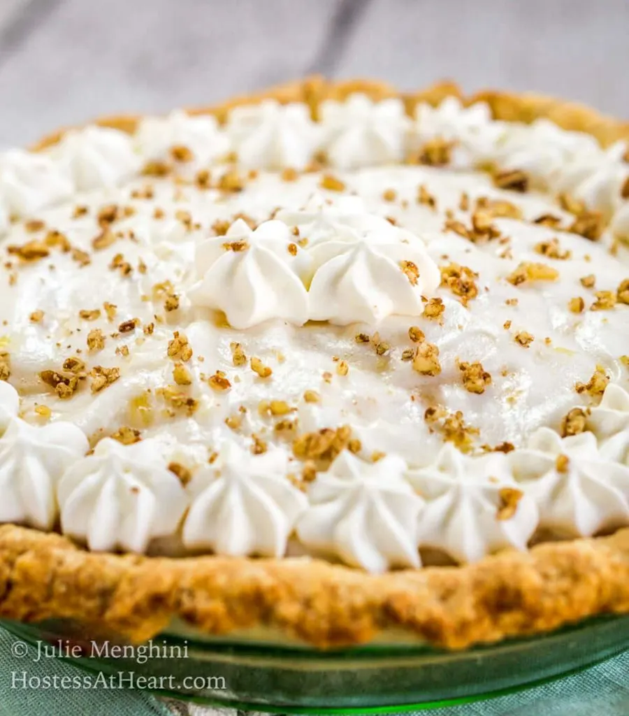 Close up image of a cool creamy angel pie with angel food cake and pie filling pineapple.