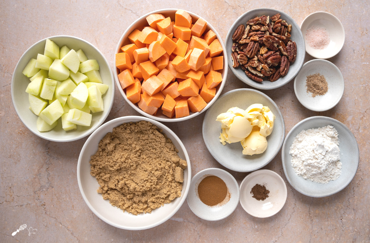 Ingredients used to make baked sweet potato cassarole.