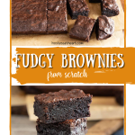 Two images of dark chocolate fudgie brownies cut into squares and stacked on a butter paddle.