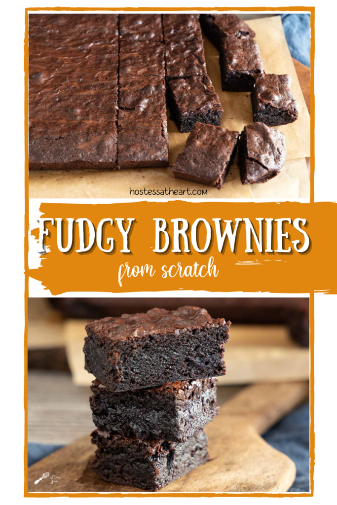 Two images of dark chocolate fudgie brownies cut into squares and stacked on a butter paddle.