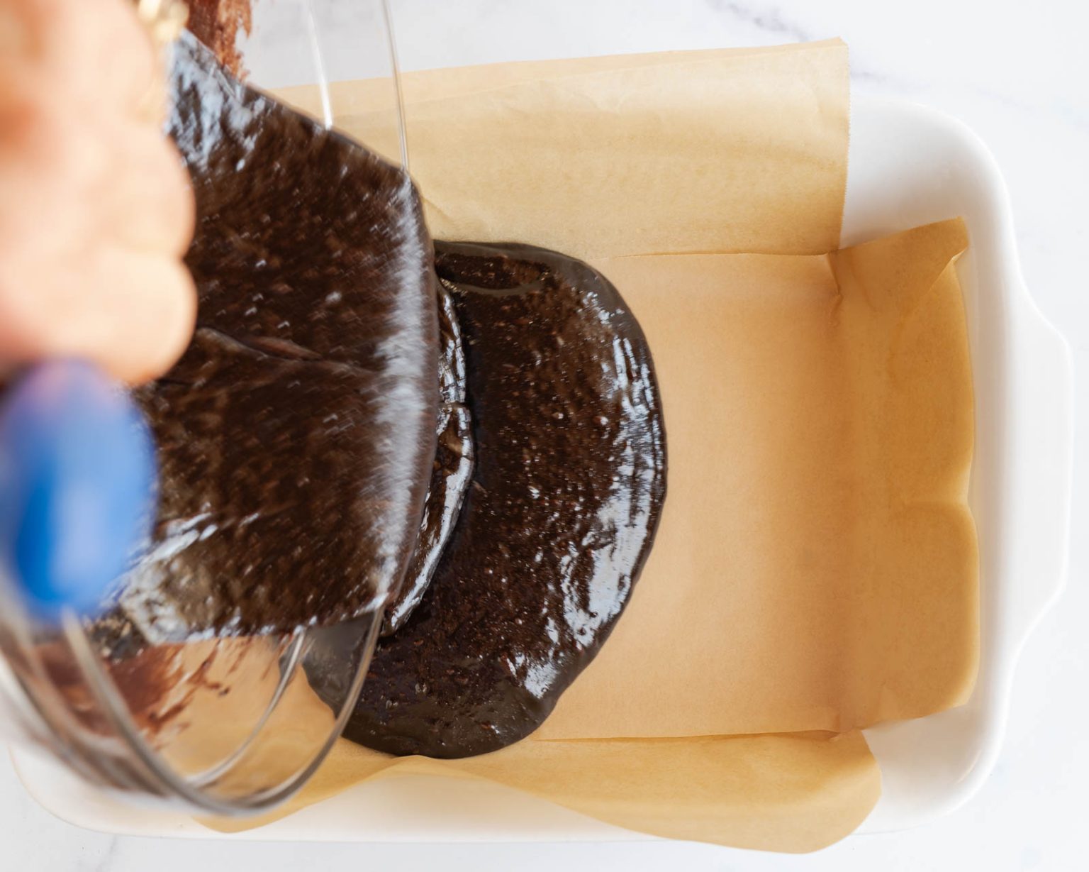 Top down view of dark chocolate brownie batter.