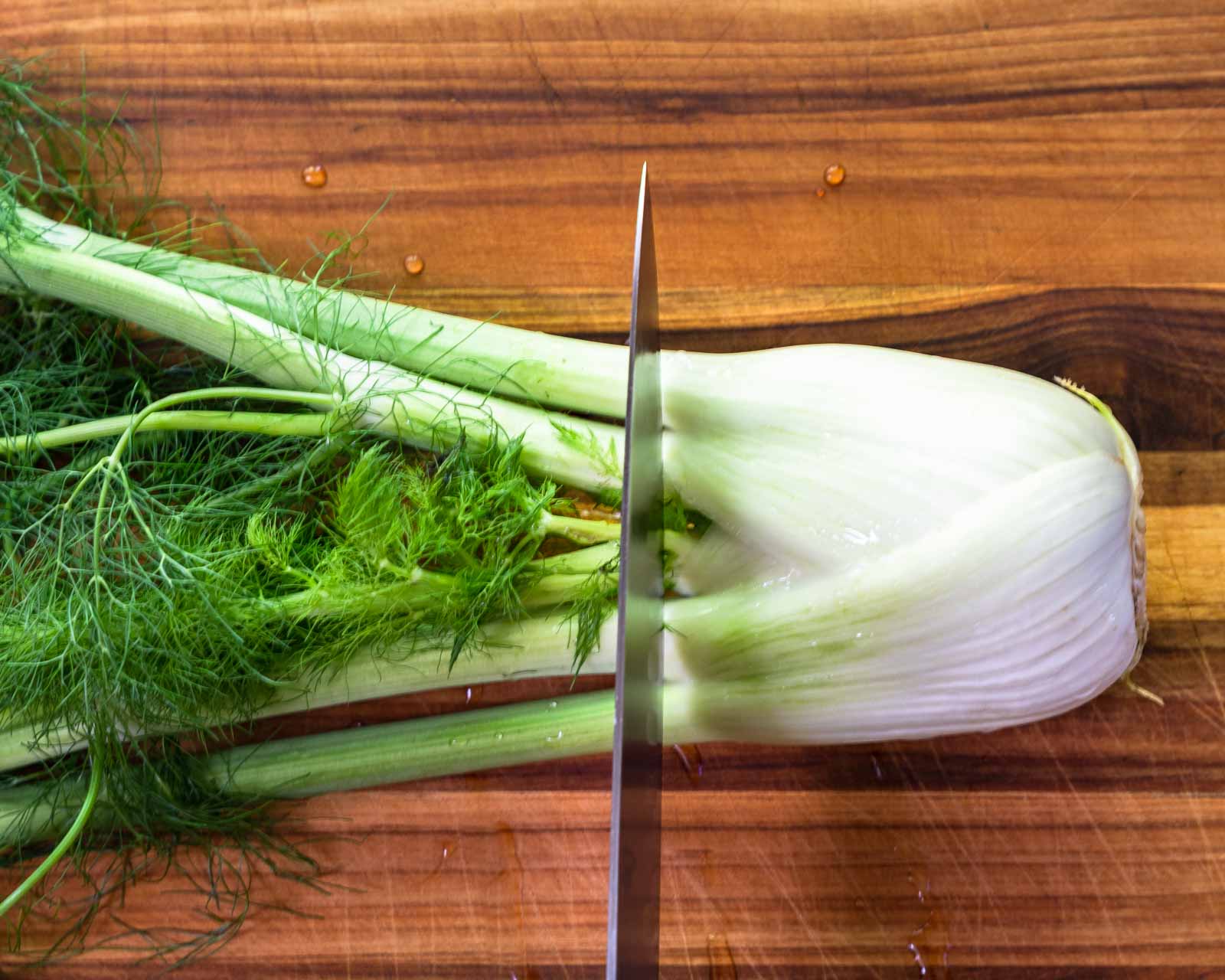 A fennel bulb showing how to cut the top off.