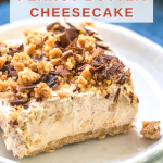 A serving of a frozen peanut butter cheesecake topped with crumble and chocolate shavings.