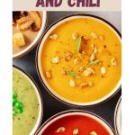 Top down image for Pinterest of bowls of soup with the title "100 Soup, Stew and Chili Recipes Running through it. Hostess At Heart