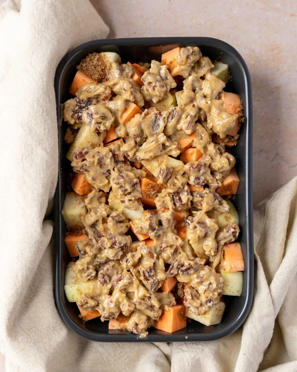 An unbaked recipe for sweet potato casserole