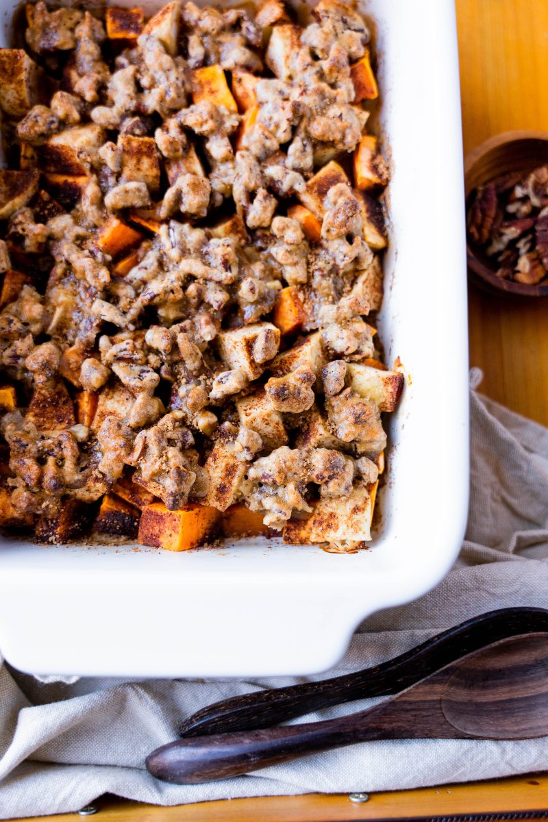 Casserole dish filled with baked sweet potato casserole