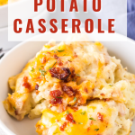 A bowl filled with twiced baked potatoes topped with cheese and bacon.