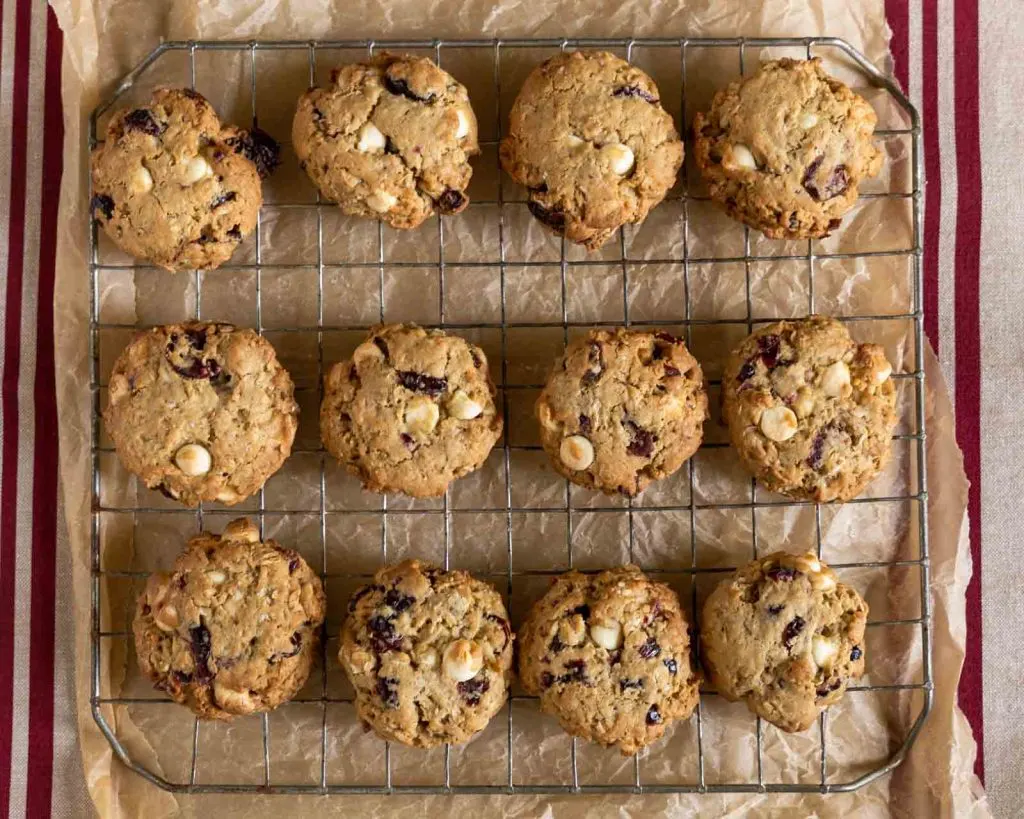 Cranberry cookies on a cooling rack.