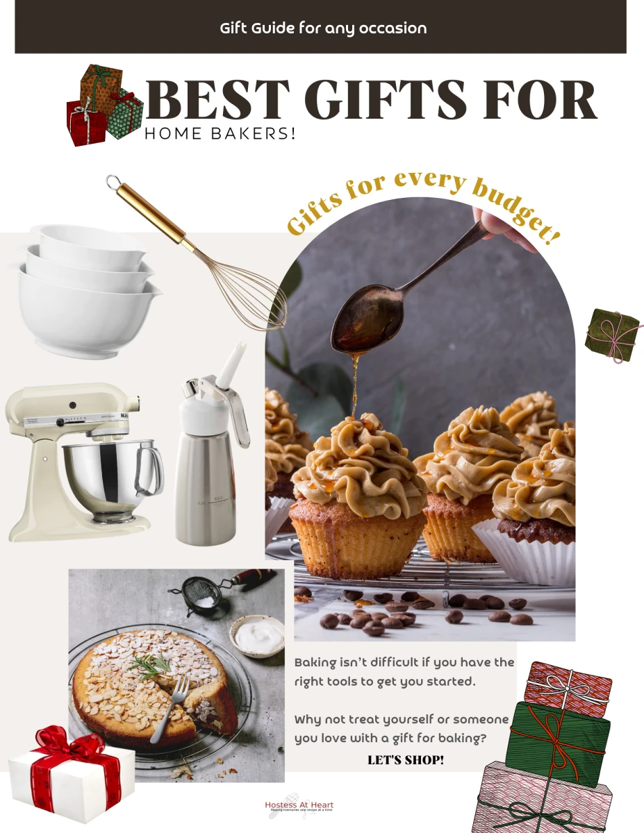 Photos of baked items and the equipment used to make them for a seasonable gift guide.