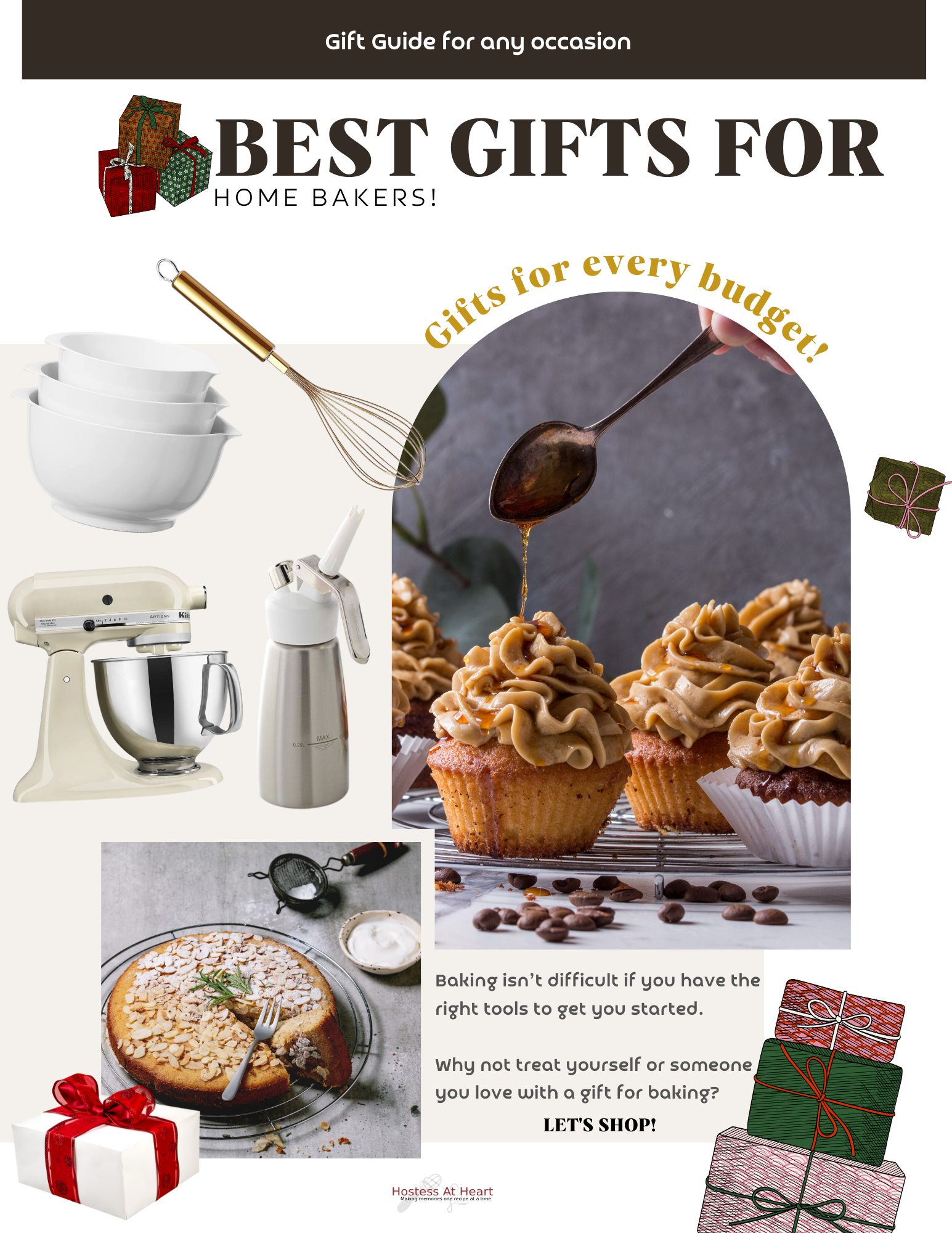 Photos of baked items and the equipment used to make them for a seasonable gift guide