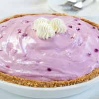 A side view of a purple icebox pie made from wild blueberries, cream cheese and cool whip sitting in a pie plate.